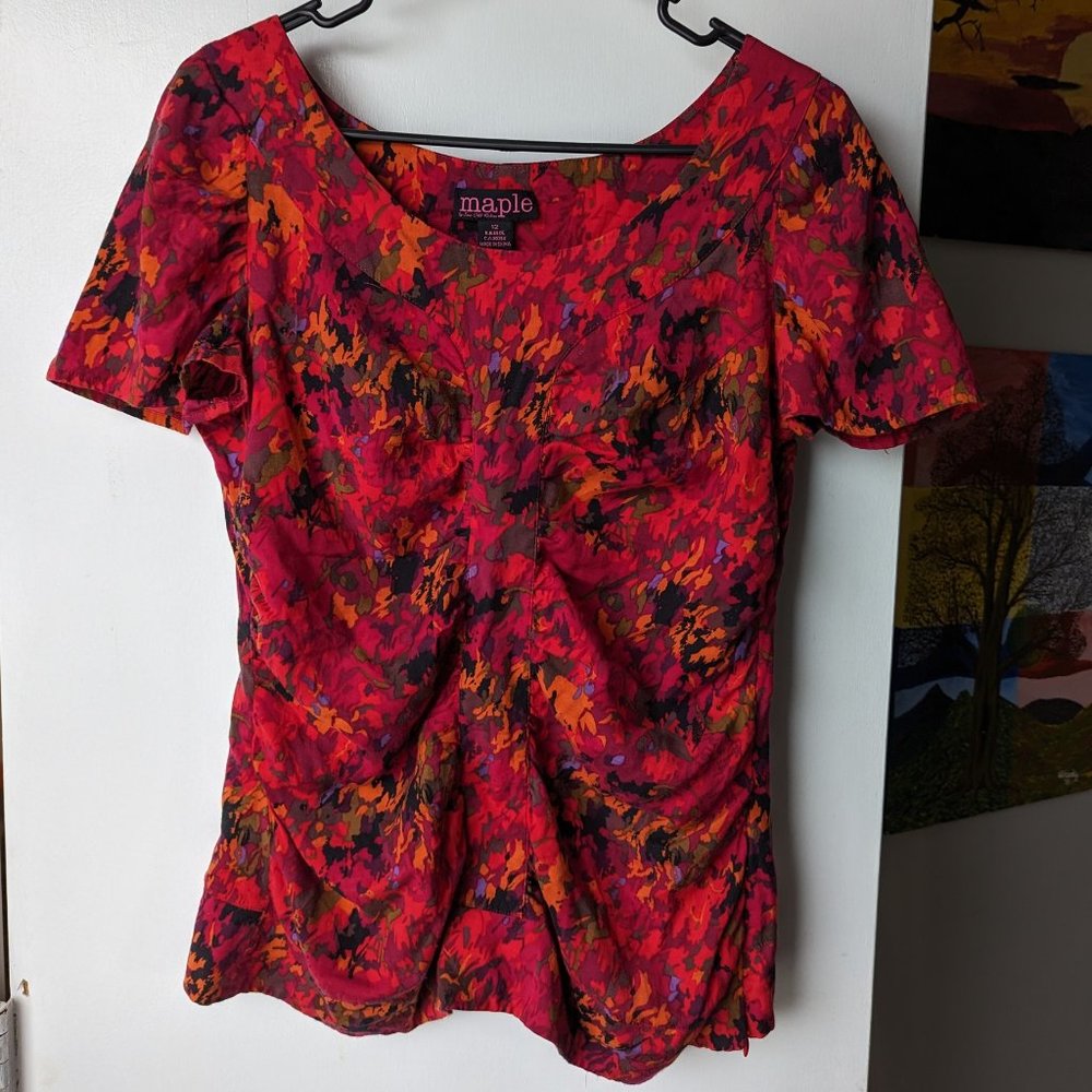 Maple by Some Odd Rubies Anthropologie Silk Red Floral Women's Size 12- fits 6/8